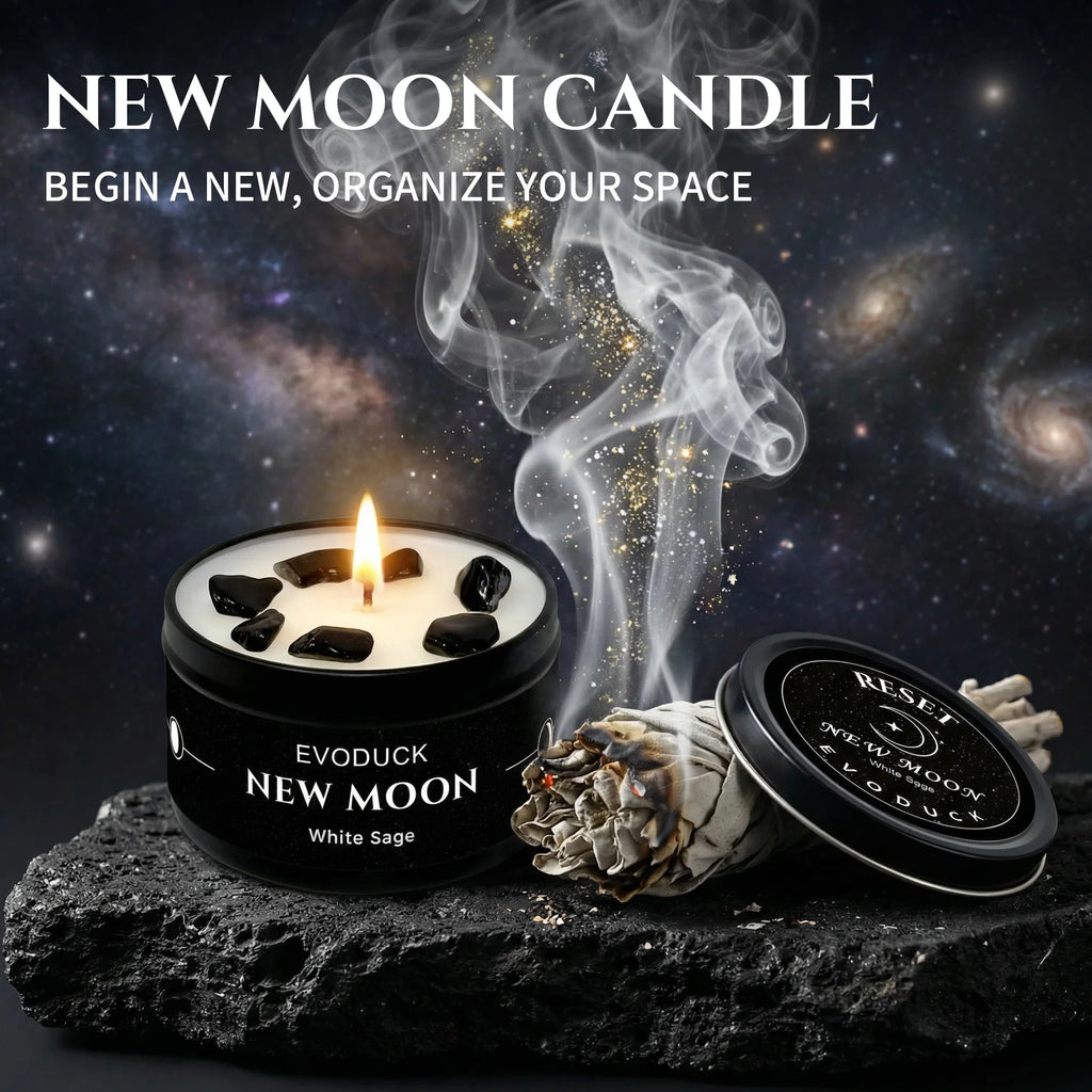 New Moon Crystal Soy Candle — Black Tin with Crystal Chips