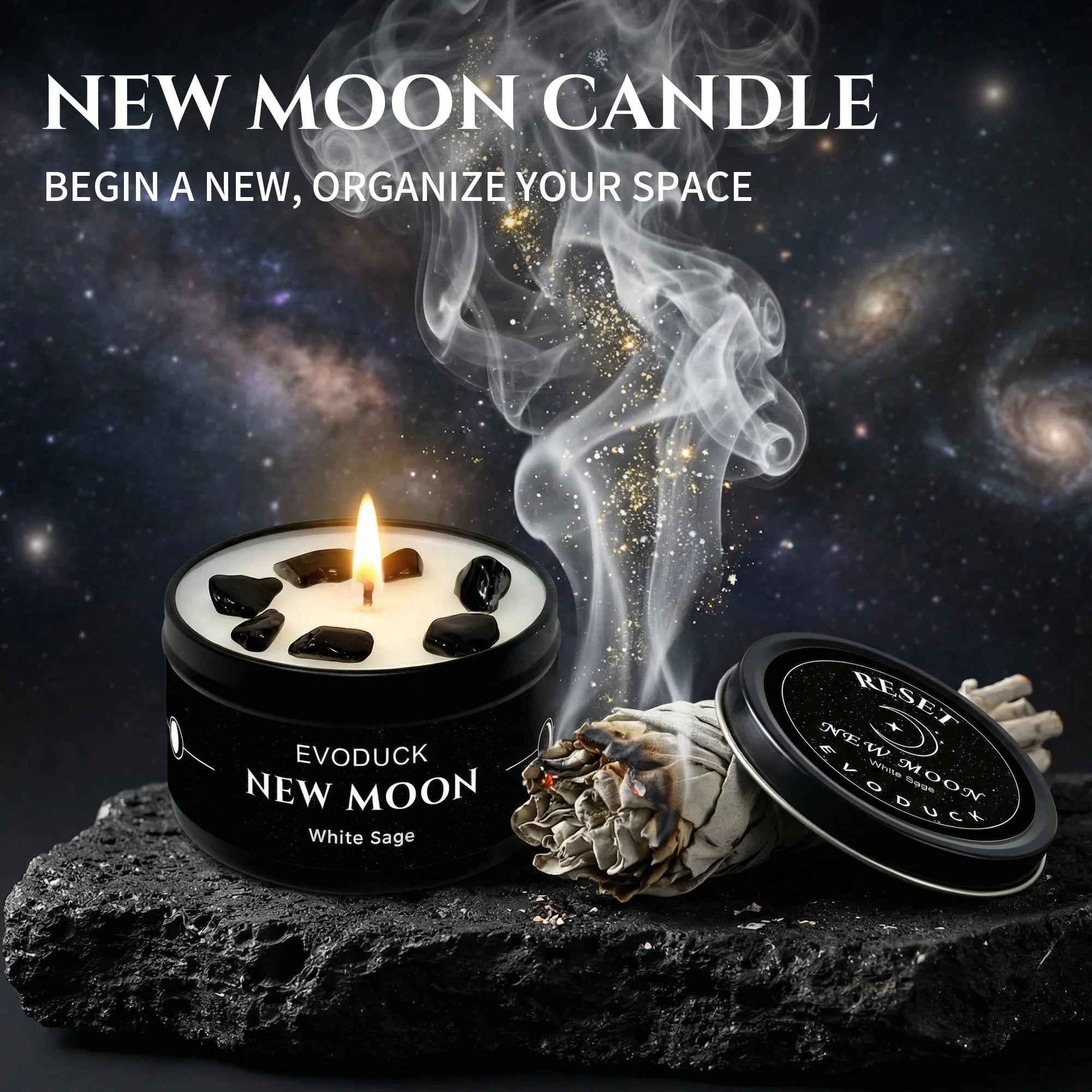 New Moon Crystal Soy Candle — Black Tin with Crystal Chips