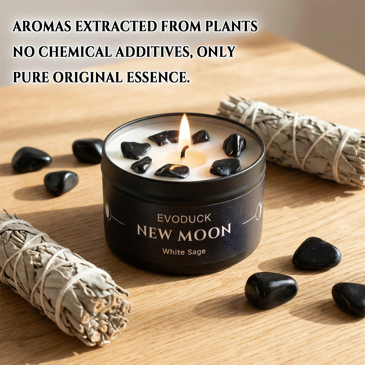 New Moon Crystal Soy Candle — Black Tin with Crystal Chips