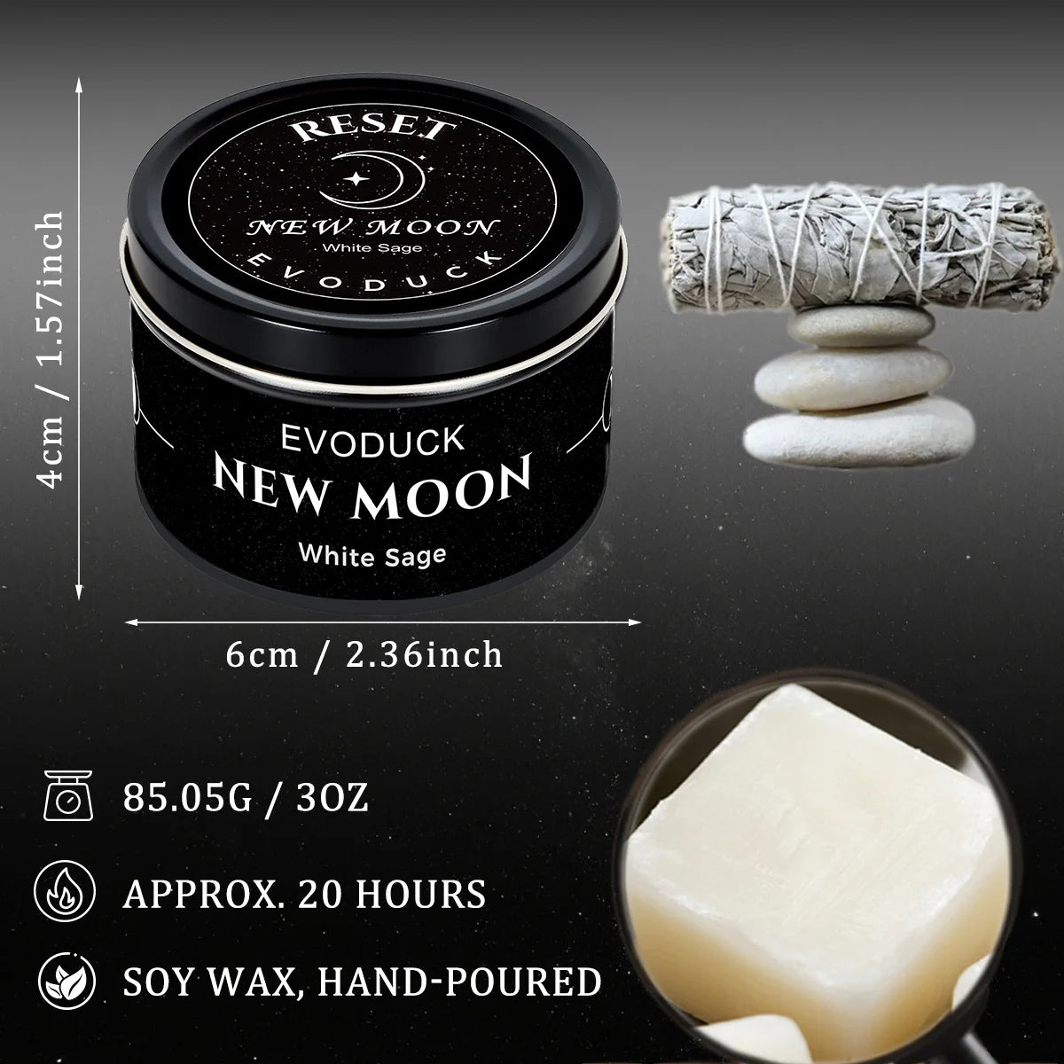 New Moon Crystal Soy Candle — Black Tin with Crystal Chips