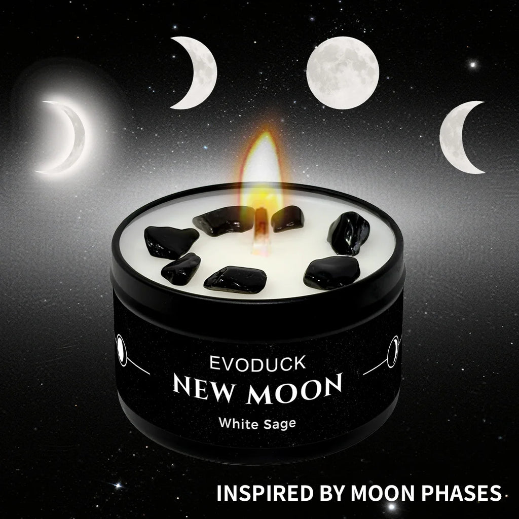 New Moon Crystal Soy Candle — Black Tin with Crystal Chips