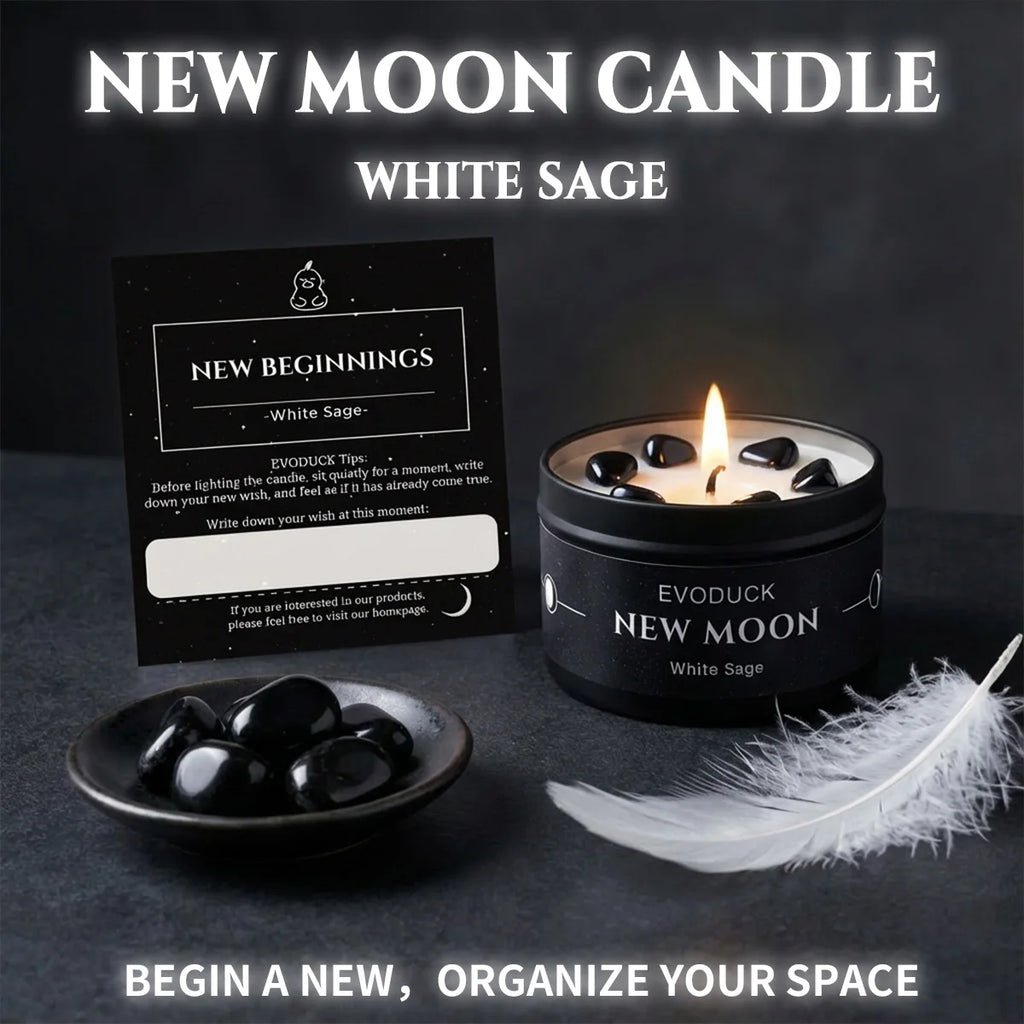New Moon Crystal Soy Candle — Black Tin with Crystal Chips