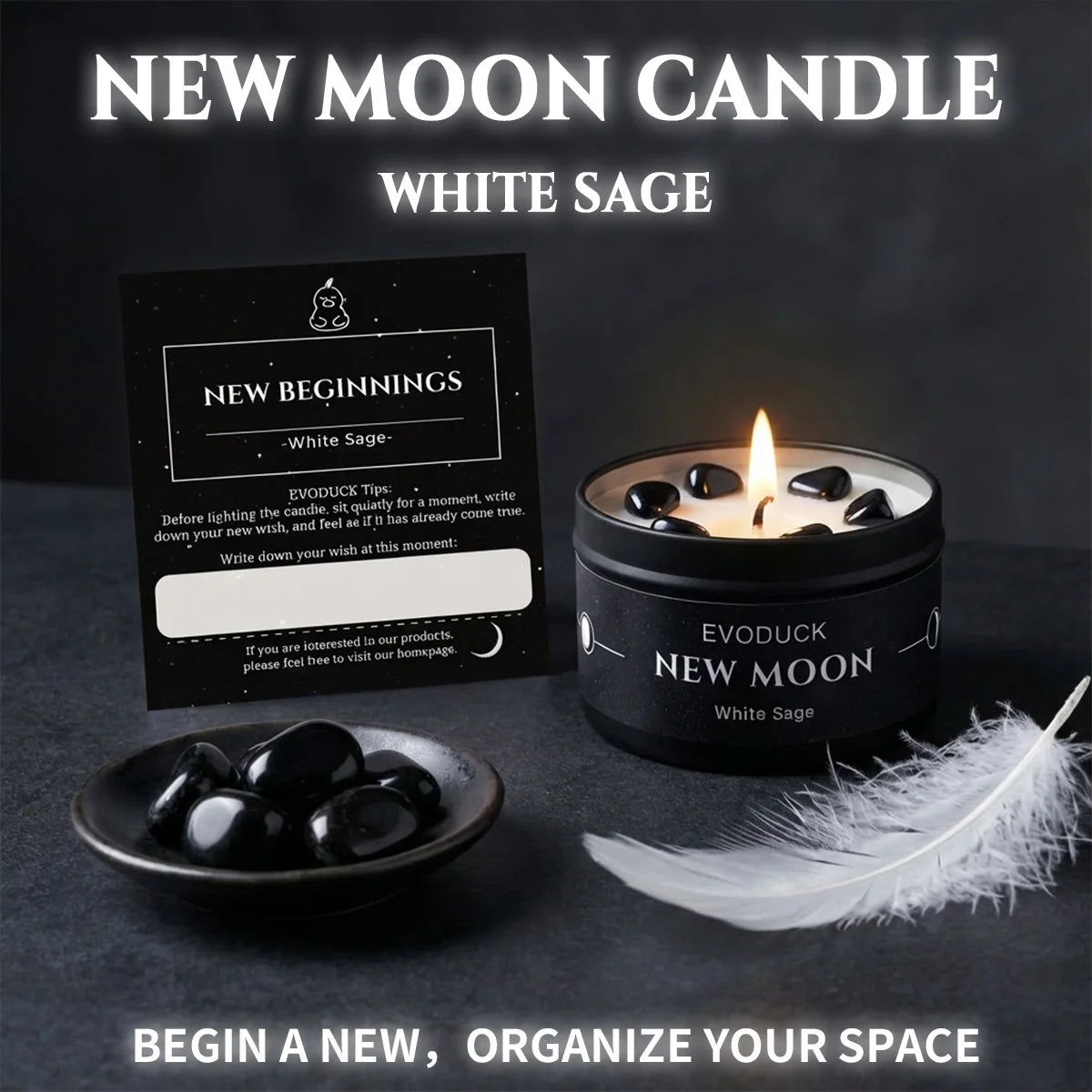 New Moon Crystal Soy Candle — Black Tin with Crystal Chips